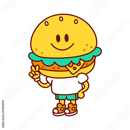 Cute funny happy burger show peace gesture. Vector doodle line cartoon kawaii character illustration icon. Isolated on white background. Burger cartoon mascot concept