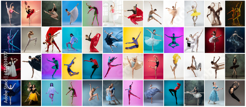 Art collage made of portraits of female and male ballet dancers in stage costumes dancing isolated on multicolored background in neon light.
