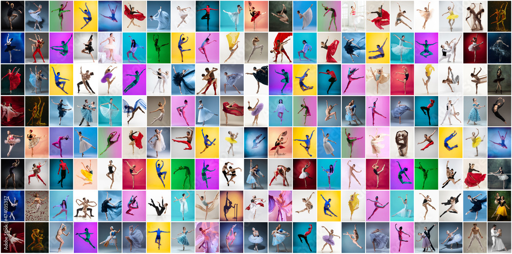 Art collage made of portraits of female and male ballet dancers in stage costumes dancing isolated on multicolored background in neon light. Art collage made of portraits of female and male ballet dancers in stage costumes dancing isolated on multicolored background in neon light.