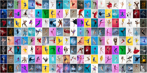 Art collage made of portraits of female and male ballet dancers in stage costumes dancing isolated on multicolored background in neon light.