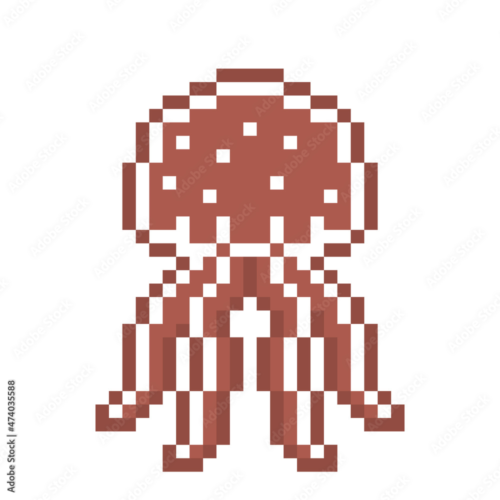 Pixel art gingerbread cookie jellyfish decorated with white sugar icing, 8 bit food icon isolated on white background. Sweet spicy frosted biscuit. Christmas dessert ornament. Winter holiday pastry.