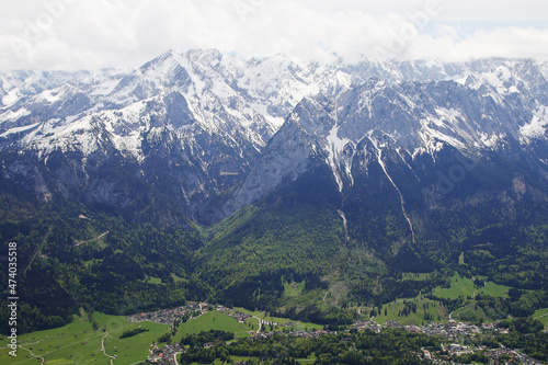 View from Kramerspitz mountain to Garmisch-Partenkirchen, Upper Bavaria, Germany 