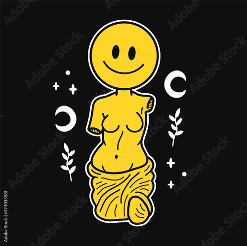Ancient Greek Venus statue with smile face t-shirt print. Vector hand drawn doodle line cartoon character illustration. Venera, Venus Greek, smile Greece statue print for t-shirt, poster, card concept