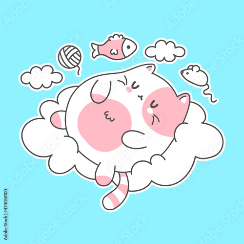 Cute funny cat sleep on cloud character.Vector hand drawn doodle cartoon kawaii character illustration logo. Cute happy cats sleep,cozy dream,lazy cartoon character concept