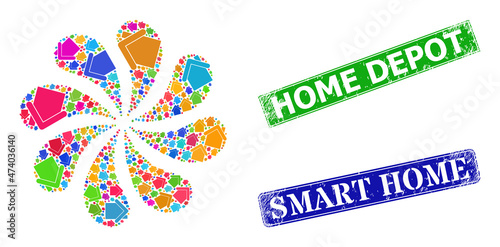 Home icon colored rotation abstract turbine salute shape, and textured Home Depot seal. Blue Smart Home and green Home Depot rectangle grunge seal stamps.