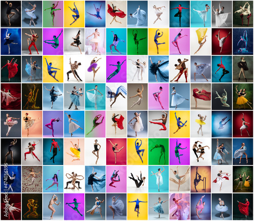 Graceful young men and women  ballet dancers in stage costumes dancing isolated on multicolored background in neon light.
