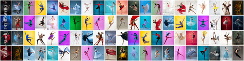 Horizontal flyer with images of female and male ballet dancers in stage costumes dancing isolated on multicolored background in neon light. © master1305