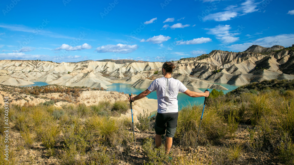 Embalse de Algeciras- man hiking,  travel in Spain ( Murcia)