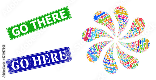 Move up icon multi colored curl motion flower salute composition, and grunge Go There stamp seal. Blue Go Here and green Go There rectangle grunge seal stamps.