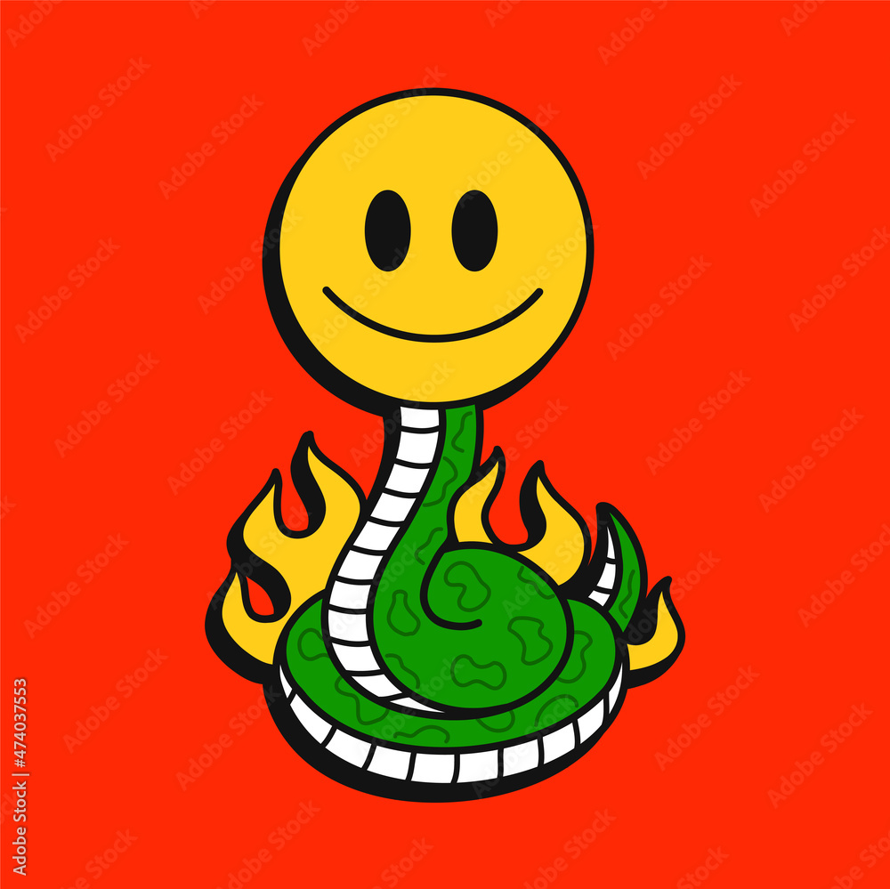 Naklejka premium Snake in fire with smile emoji face t-shirt print design. Vector hand drawn logo cartoon character illustration. Snake,smile face,burn print for t-shirt, poster, cover, sticker concept