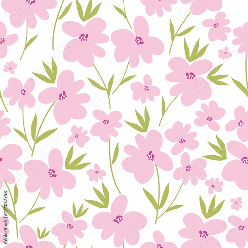 Vintage pattern. Wonderful pink flowers and light green leaves. white background. Seamless vector template for design and fashion prints.