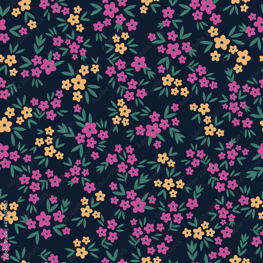 Vintage pattern. small yellow and purple flowers, green leaves. dark blue background. Seamless vector template for design and fashion prints.