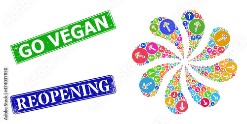 Right direction icon multi colored curl abstract petals salute composition, and textured Go Vegan stamp seal. Blue Reopening and green Go Vegan rectangle grunge seal stamps.