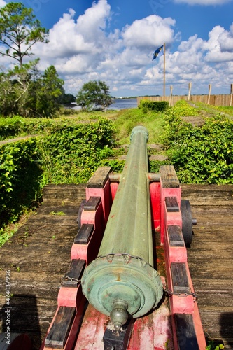 Fort Caroline National Memorial, Jacksonville, FL. Fort de la Caroline reconstruction. Attempted French colonial settlement on St. Johns River. Red cannon. Timucuan Ecological Historic Preserve.