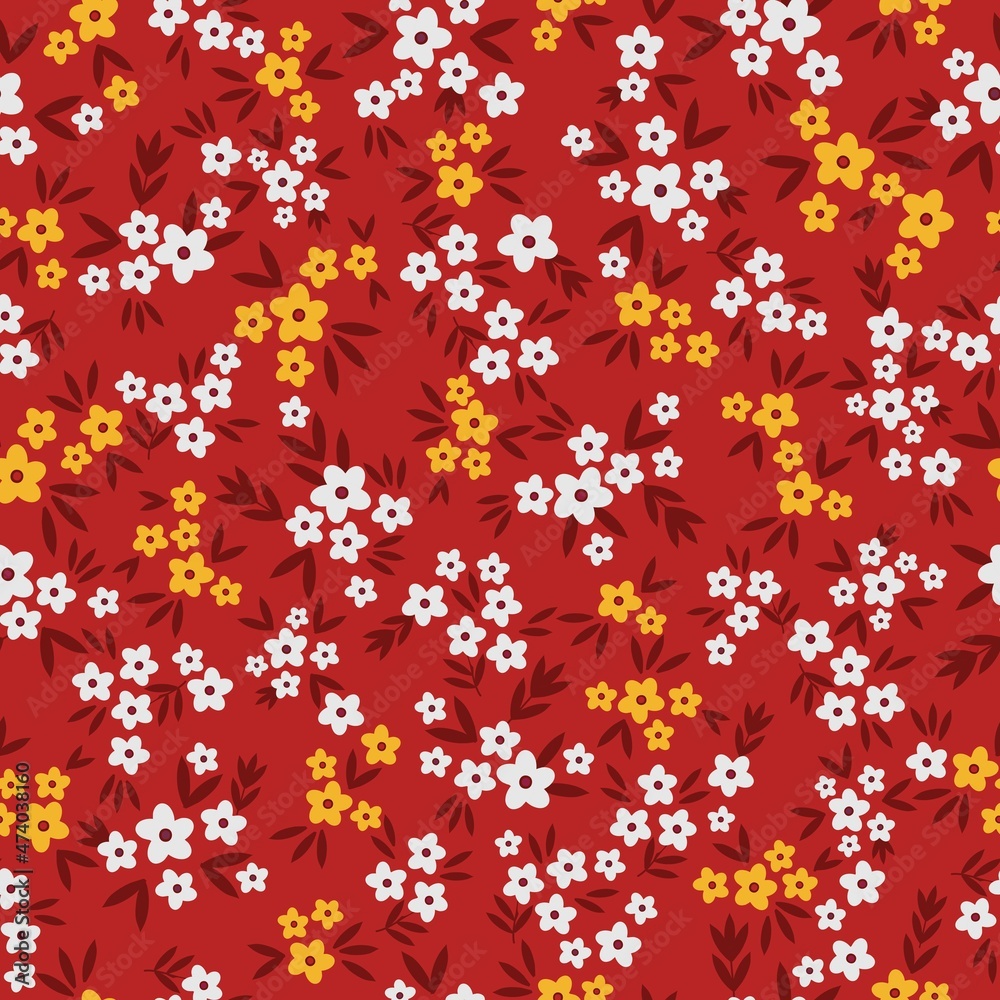 Vintage pattern. Small yellow and white flowers, burgundy leaves. red background. Seamless vector template for design and fashion prints.