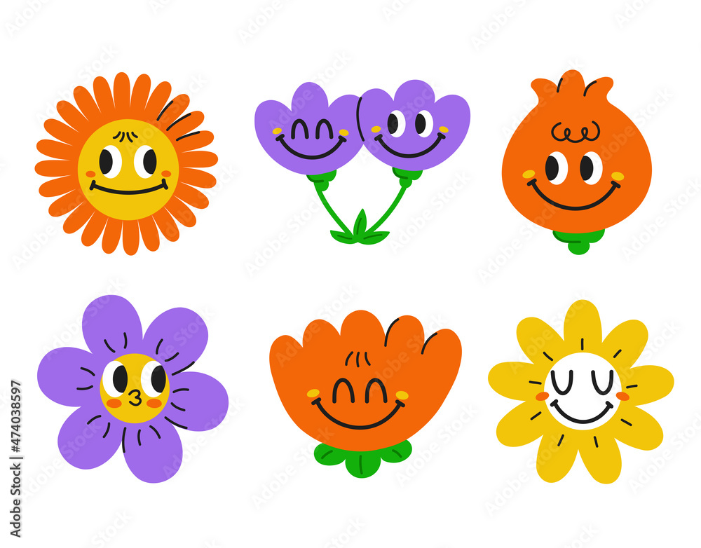Cute funny kawaii smile face flowers set  cartoon kawaii  character illustration  vintage smile face,chamomile flower,garden  bundle set concept Stock Vector | Adobe Stock