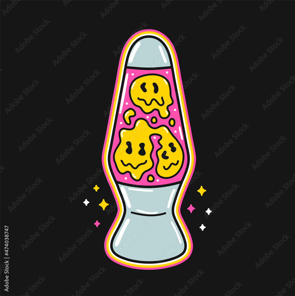 Funny hippie 70s style lava light lamp with melt smile face t-shirt print.  Vector cartoon illustration sticker design. Psychedelic,groovy,trippy lava  lamp print for t-shirt,poster,card concept vector de Stock | Adobe Stock