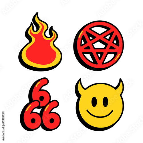 Funny demon smile face,hell fire,666,pentagram numbers set collection.Vector cartoon character illustration logo icon design.Demon horns smile face,satanic,devil,fire,hell,pentagram bundle concept