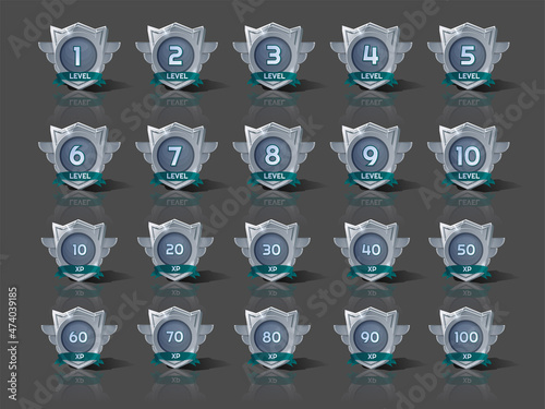 Stone badges with level number and xp for game