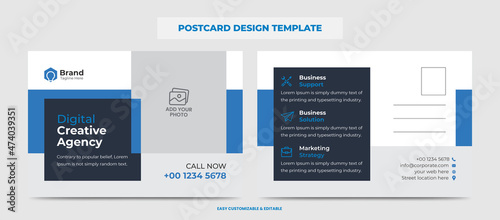 Corporate Modern Business Postcard Design Template. Blue Color Double Sided Postcard Design