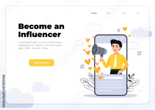 Flat vector style illustration with characters - influencer marketing concept - blogger promotion services, goods for followers online. Social media influencer shouting in megaphone from smartphone.