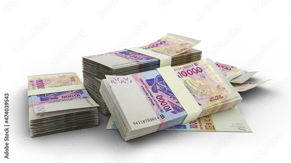 3d stack of 10000 West African CFA notes isolated on white background. 3d stack of 10000 West African CFA notes isolated on white background.