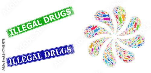 Vaccine syringe icon multi colored explosion spin petals salute composition, and grunge Illegal Drugs seal. Blue Illegal Drugs and green Illegal Drugs rectangle grunge seal stamps.