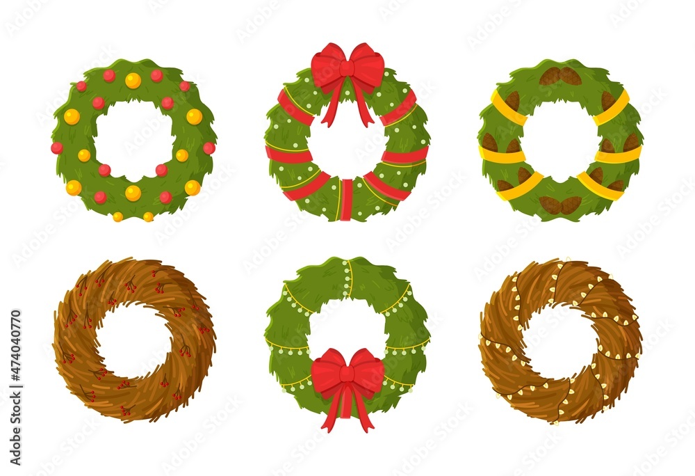Vector illustration of christmas wreath set. Six beautiful Christmas wreaths. New Year atmosphere. Winter decor. Vector illustration of christmas wreath set. Six beautiful Christmas wreaths. New Year atmosphere. Winter decor.