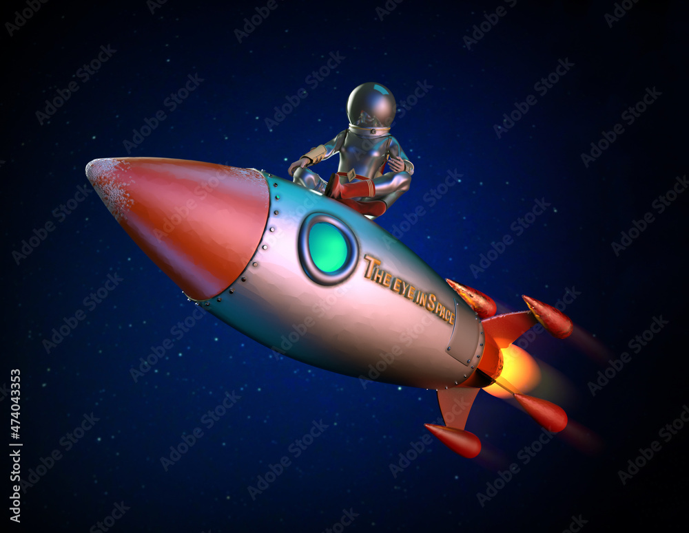Vintage astronaut sitting on the rocket traveling in space. 3D rendering