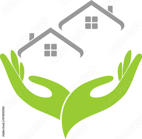 	
Zwei Hände, Häuser, Dächer, Immobilien und Dachdecker Logo
