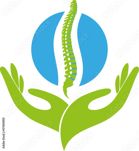 Zwei Hände und Wirbelsäule, Orthopädie, Massage, Logo