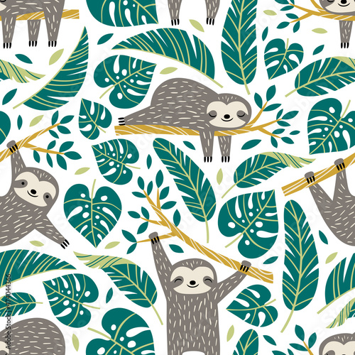 Hand drawn seamless vector pattern with cute sloths and tropical palm leaves. Perfect for textile, wallpaper or print design.