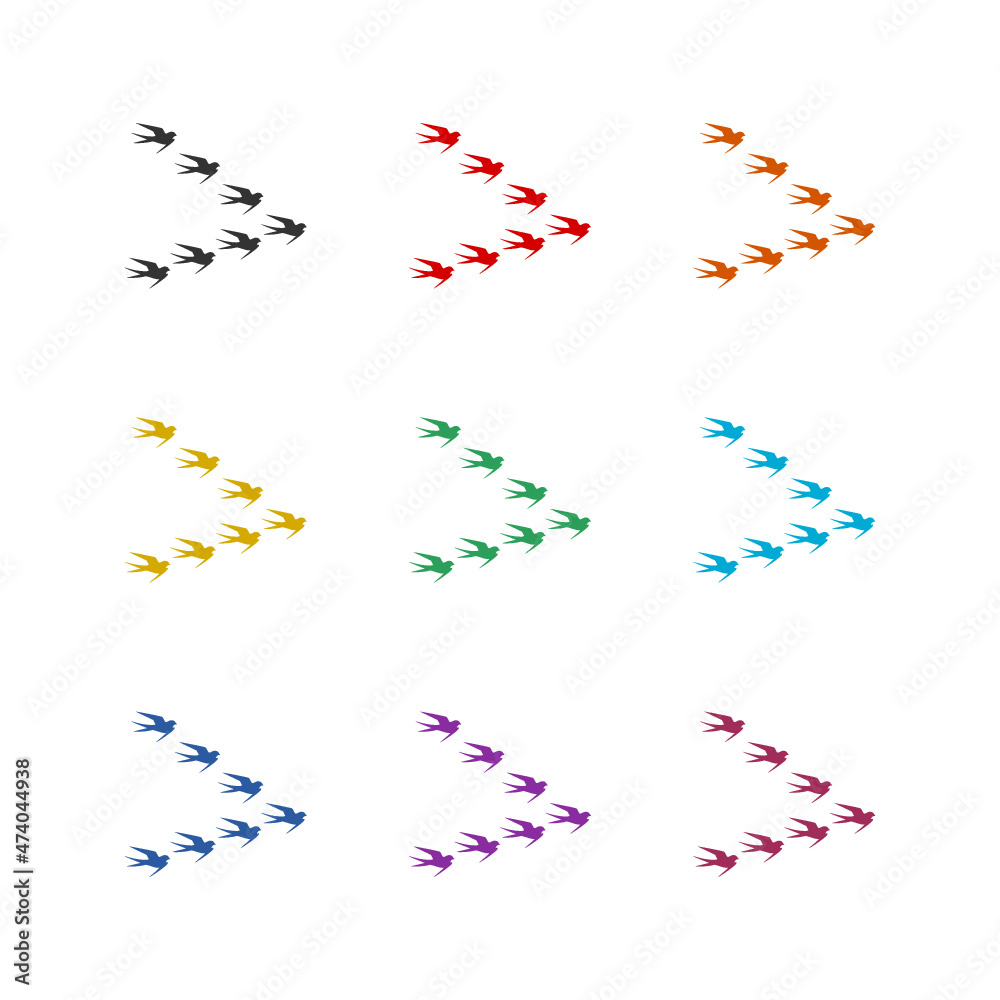 Flying birds silhouette icon isolated on white background, color set