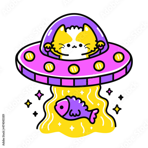 Ufo cat alien in flying saucer abduction fish art for t-shirt print art.Vector line doodle cartoon graphic illustration logo design.Ufo,cat,kittie,alien,flying saucer print for poster, t-shirt concept