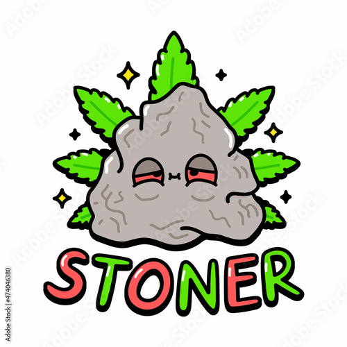 Funny smile stone with smoking red eyes. Stoner quote text print design. Vector doodle cartoon character illustration logo design. High stone,stoner,cannabis print design for poster, t-shirt concept photo