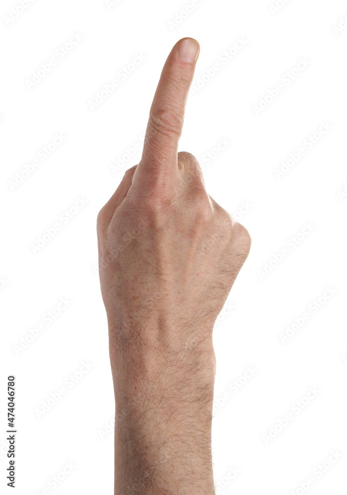 Male hand is showing one fingers isolated on white background Male hand is showing one fingers isolated on white background