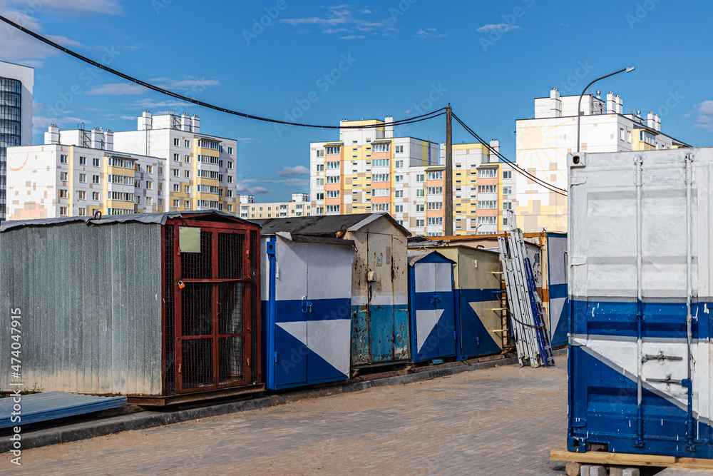 Fototapeta premium Mobile office buildings or container site office for construction site. Amenity rooms for workers for housing builders on duty.