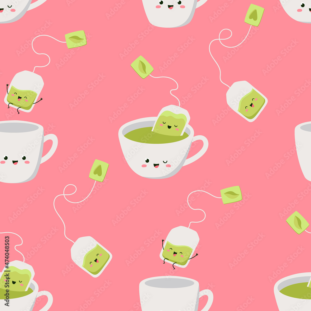 Vector seamless pattern with cups with green tea and bags on pink background