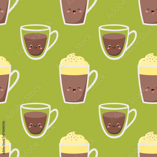Vector seamless pattern with cups of coffee on a green background