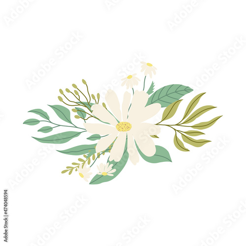 Modern floral bouquet flat illustration. Hand drawn chamomile flower, branches with leaves. Vector illustration isolated on white background. Gentle and elegant decoration.