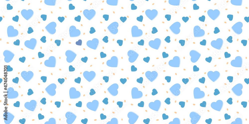Vector seamless pattern with blue hearts. Repeating background with Saint Valentine day symbols. 