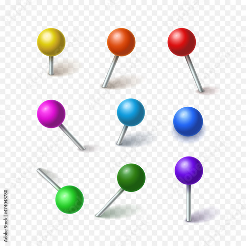 Ball pins in different colors sticking out of the paper, realistic vector illustrations