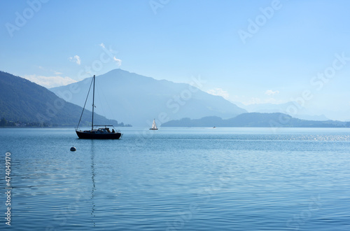 Lake Zug with sail boats and view to the mount Rigi, Switzerland