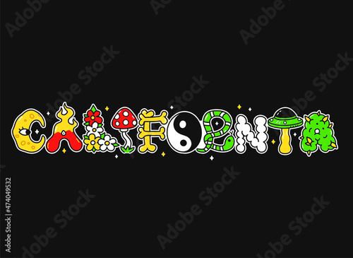California quote,trippy psychedelic style letters.Vector hand drawn doodle cartoon character illustration. USA California quote.Funny trippy letters, acid fashion print for t-shirt,poster concept