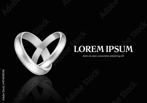 Vector 3d Realistic Silver Metal Wedding Ring Set Closeup. Design Template of Shiny Rings in the Shape of Heart. Wedding, Engagement, Love, Romantic, Jewelry Store Concept. Rings Clipart, Mockup