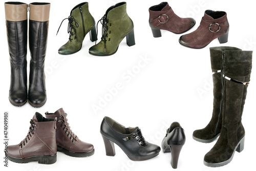 Boots, shoes and ankle boots isolated on white . Collage. Free space for text.