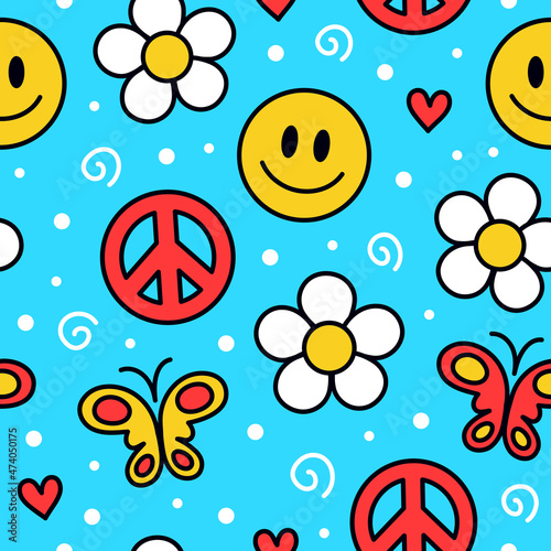 Cute funny kawaii smile face,flowers on blue background seamless pattern.Vector cartoon kawaii character illustration design.Positive vintage smile face,camomile flower,hippie seamless pattern concept