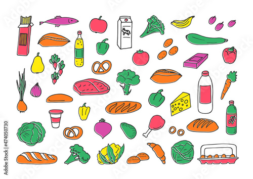 Doodle from groceries products on white background. Vector illustration.