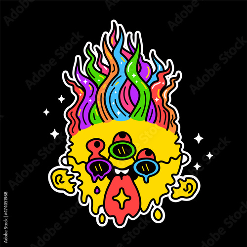 Funny melt smile face with acid lsd mark on tongue. Vector cartoon graphic illustration design.Melt trippy smile face,psychedelic style print for poster, t-shirt,sticker concept