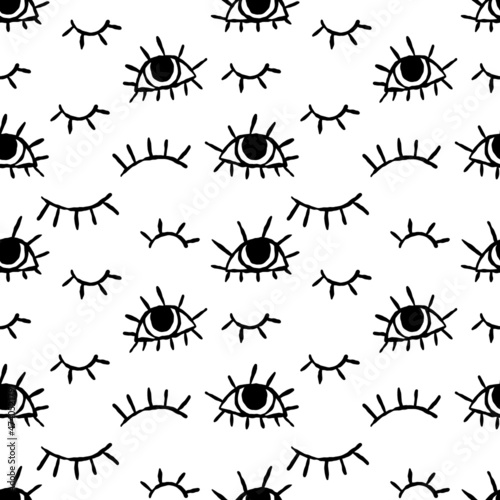 Hand drawn monochrome eyes seamless pattern. Abstract vector print of open and close eyes.